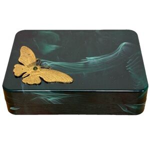 Vintage Butterfly Jewelry Box Green Marbled Plastic Gold Moth Organizer